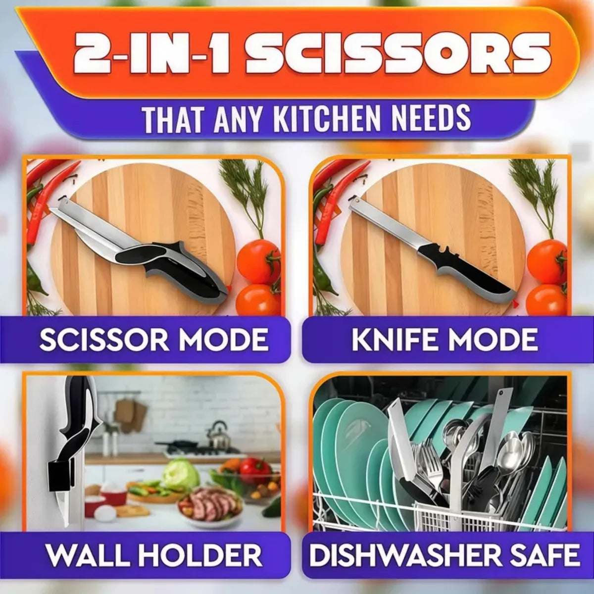 Stainless Steel Kitchen Scissors 2 In 1 Cutting Board Chopper Fruit Vegetable Multifunctional