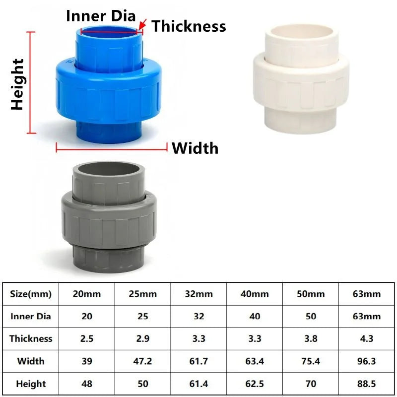 1PC I.D 20~63mm PVC Union Connector Aquarium Fish Tank Water Pipe Plastic Quick Fittings Irrigation Garden Watering Tube Adapter