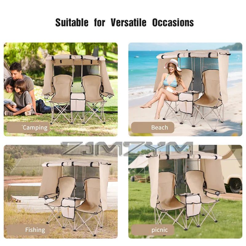 Outdoor Camping Folding Chair with Sunshade Fishing Beach Director Chair Double Seat
