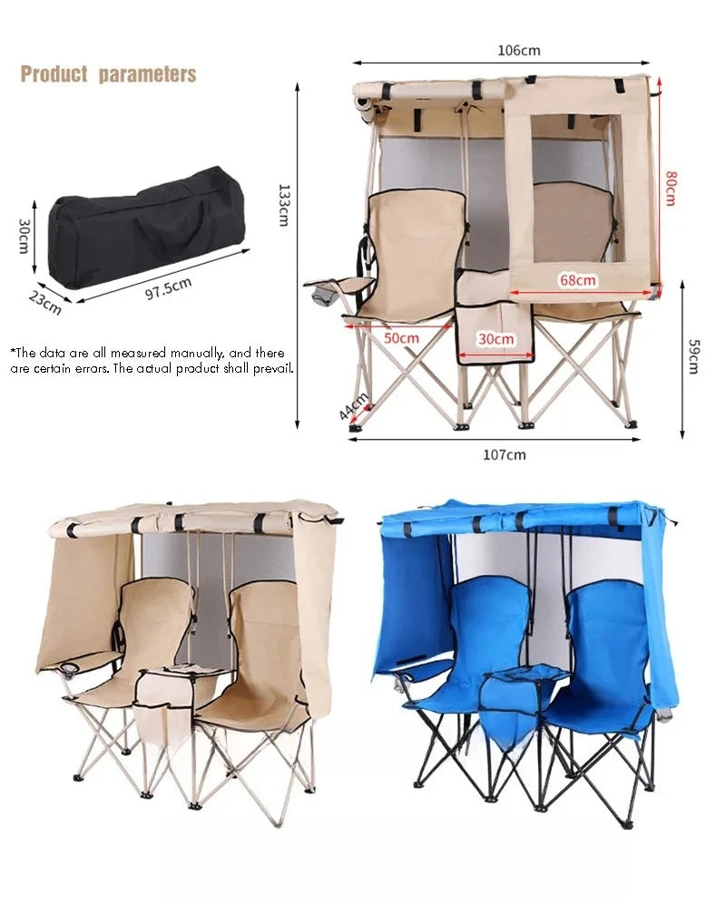 Outdoor Camping Folding Chair with Sunshade Fishing Beach Director Chair Double Seat