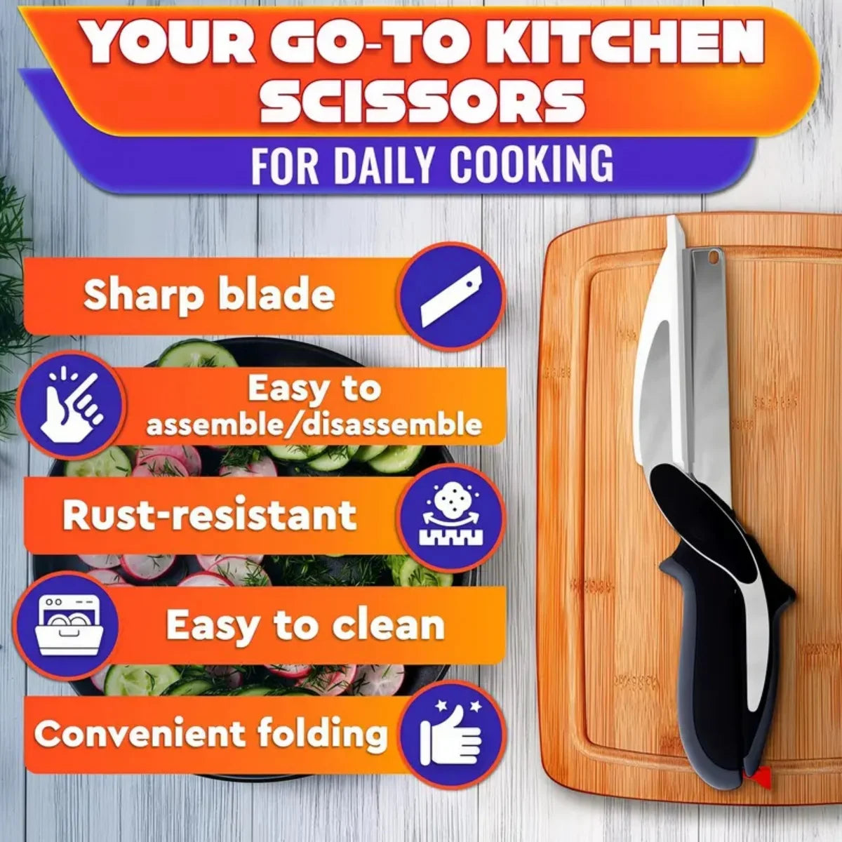 Stainless Steel Kitchen Scissors 2 In 1 Cutting Board Chopper Fruit Vegetable Multifunctional