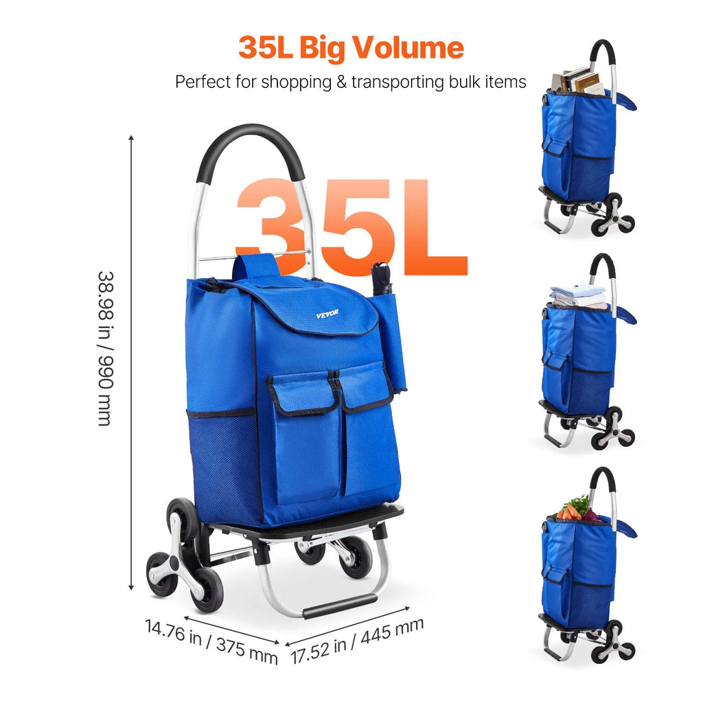 Stair Climbing Cart Foldable Shopping Cart 36L With 6 Wheels Storage Bag