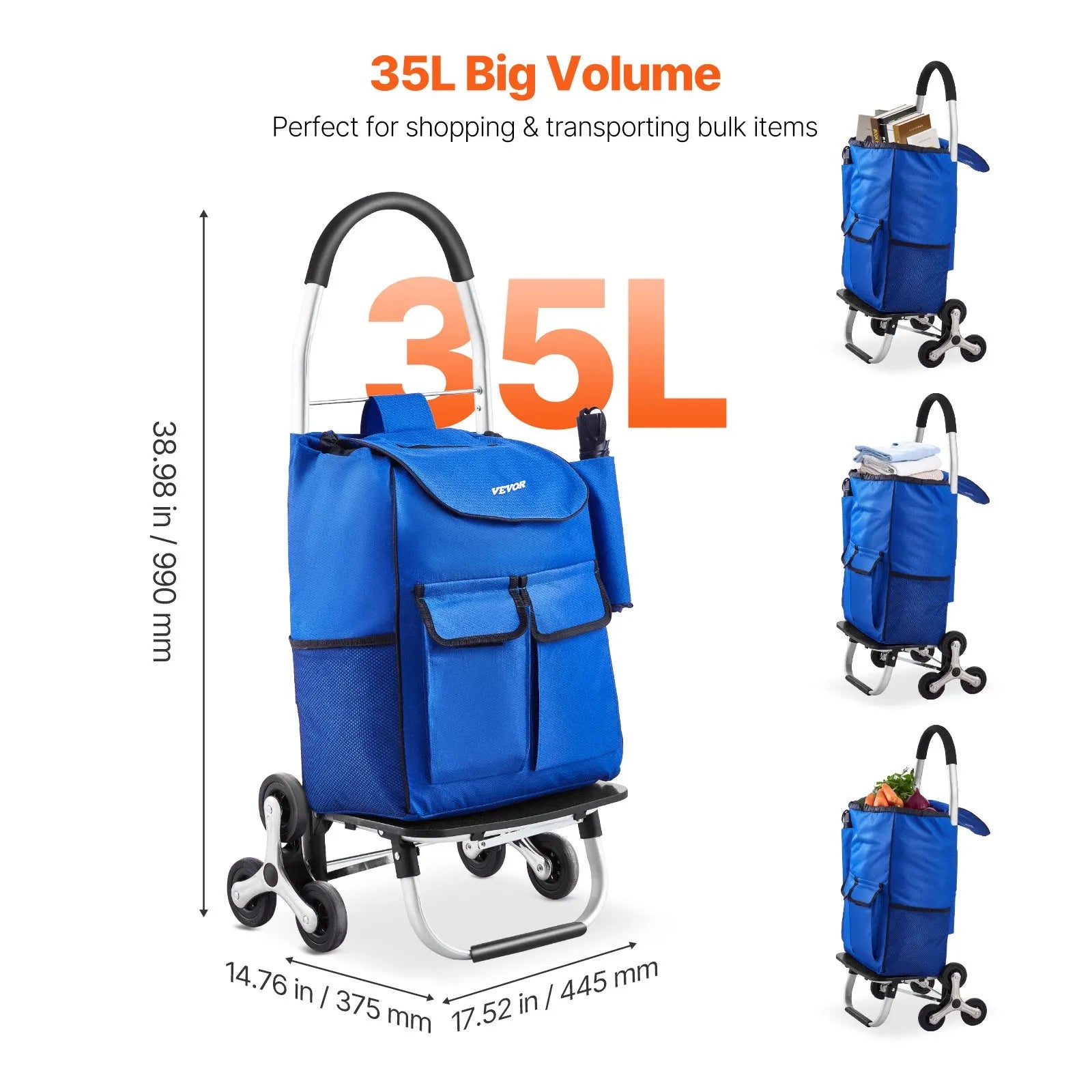 Stair Climbing Cart Foldable Shopping Cart 36L With 6 Wheels Storage Bag
