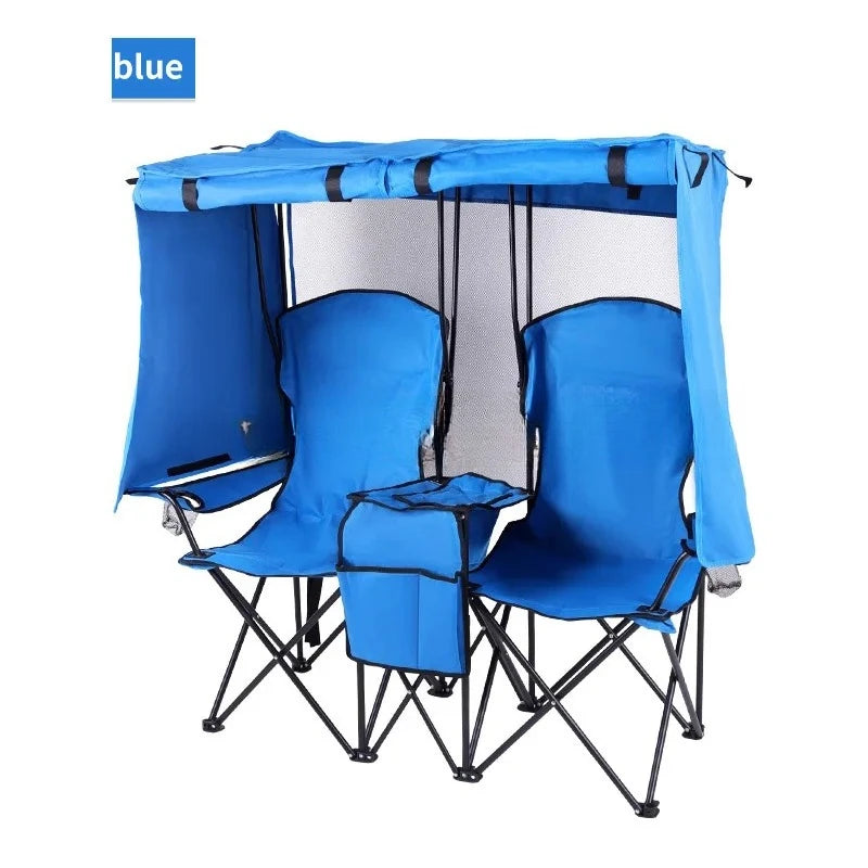 Outdoor Camping Folding Chair with Sunshade Fishing Beach Director Chair Double Seat