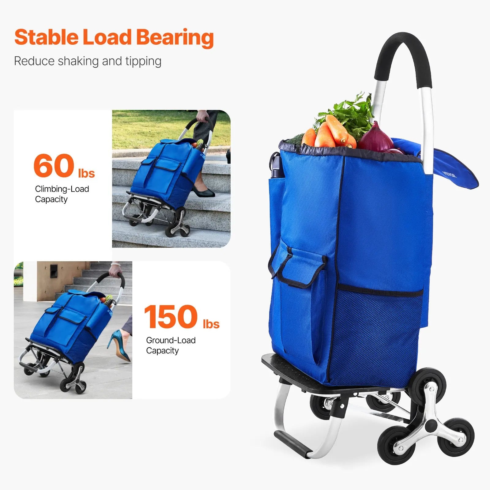 Stair Climbing Cart Foldable Shopping Cart 36L With 6 Wheels Storage Bag