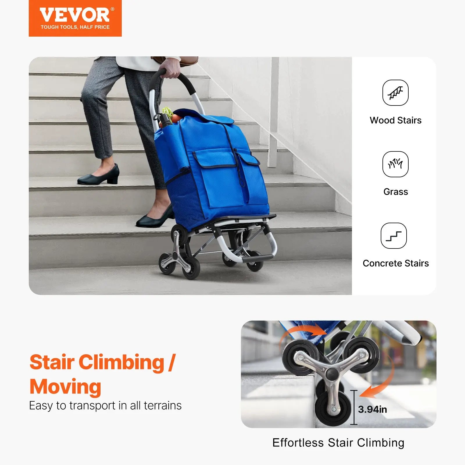 Stair Climbing Cart Foldable Shopping Cart 36L With 6 Wheels Storage Bag