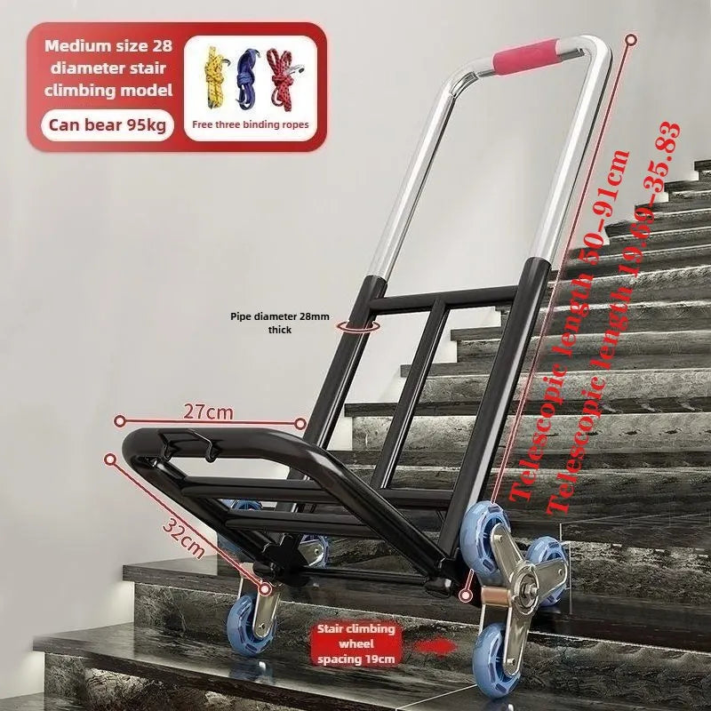 Heavy Duty Folding Stair Climbing Trolley, 3-Wheel All-Terrain Cart with Metal Frame, Ergonomic Handle, for Warehouse & Home Use