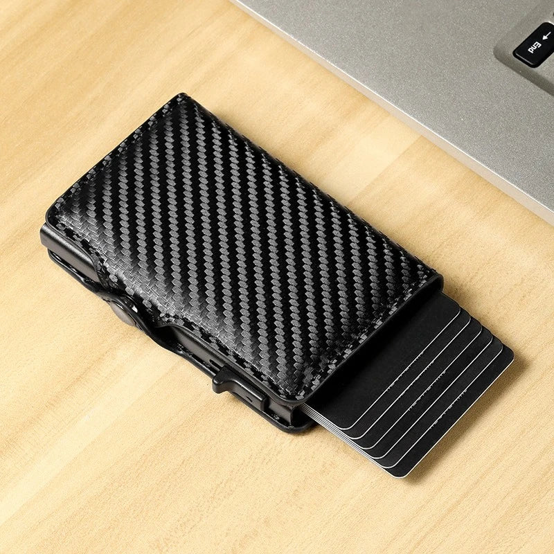 Carbon Fiber Credit Card Holder Men's RFID Blocking Smart Metal Thin Slim Pop Up Minimalist Wallet Small Purse Metal Coin Bag