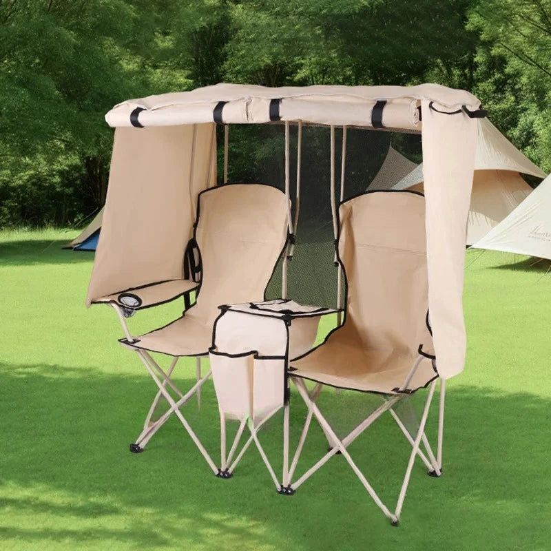 Outdoor Camping Folding Chair with Sunshade Fishing Beach Director Chair Double Seat